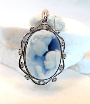14KT White Gold Mother & Baby Blue Framed 12 Diamond Cameo Oval Pendant Mom Gift